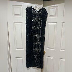 Vtg‎ Y2K Effeci Black Hand Knit Long Sleeveless Duster Cardigan Goth Witch Sz S